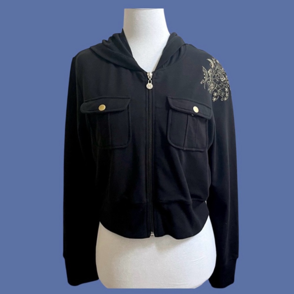 Crest Black Cropped Sweatshirt Hoodie Size XL Gold Embellished Shoulder - Picture 2 of 9